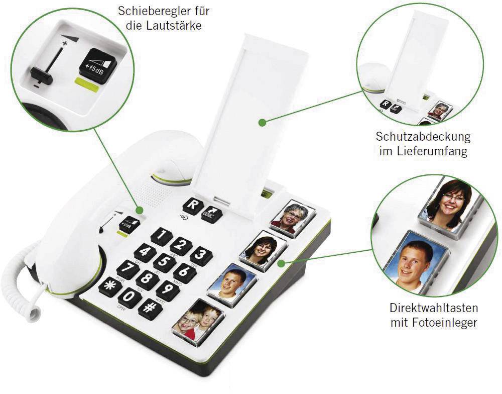 doro MemoryPlus 319iph Schnurgebundenes Seniorentelefon  Optische Anrufsignalisierung, Foto-Tasten kein Display Weiß, Schwarz