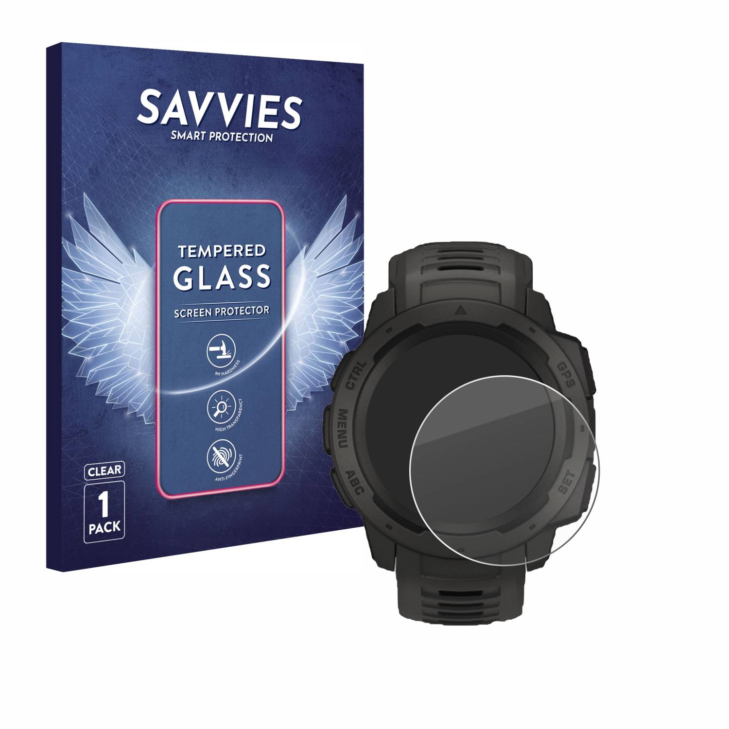 Savvies Schutzglas für Garmin Instinct / Instinct Solar / Instinct 2 Echtglas 9H-Härte klar