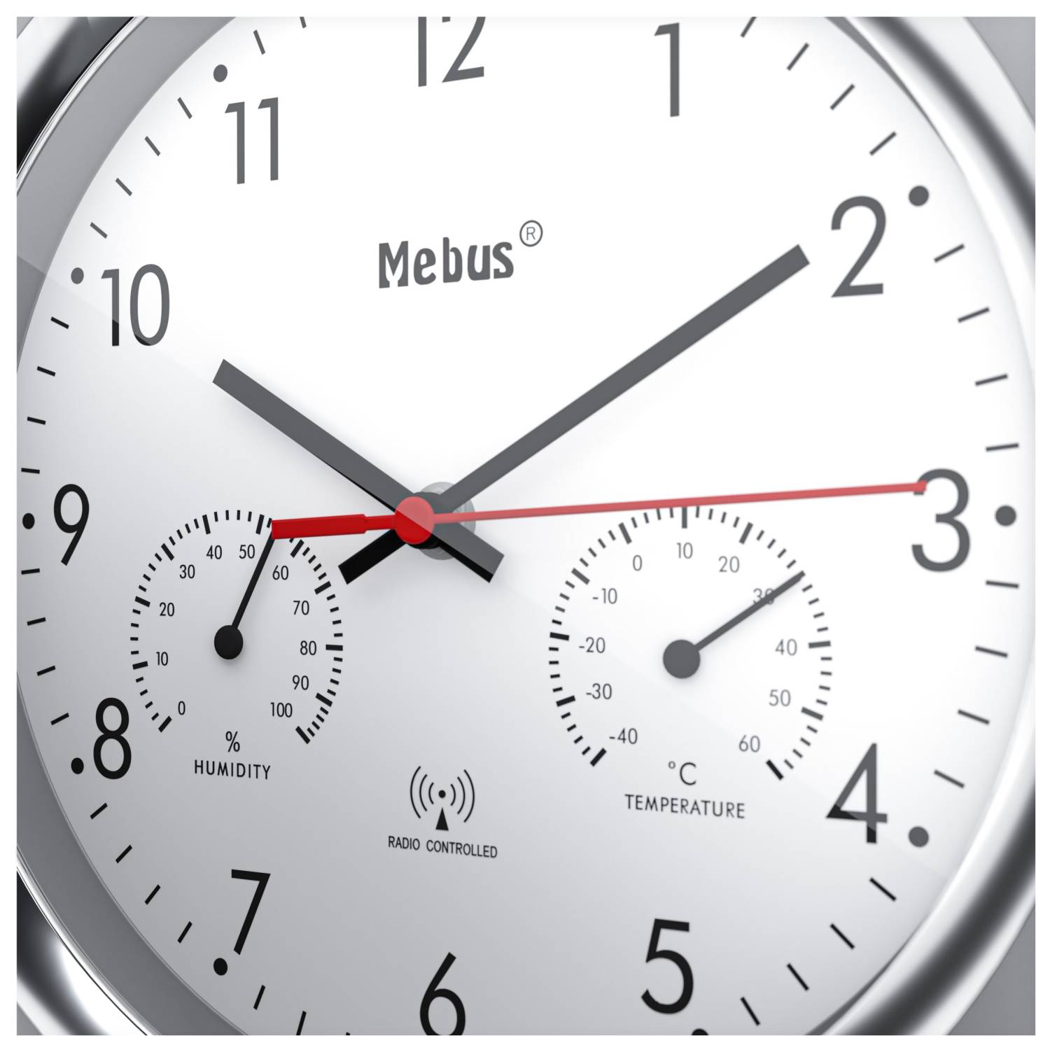 Mebus 19454, Wand, Digitale Uhr, Rund, Silber, Weiß, Kunststoff, Modern