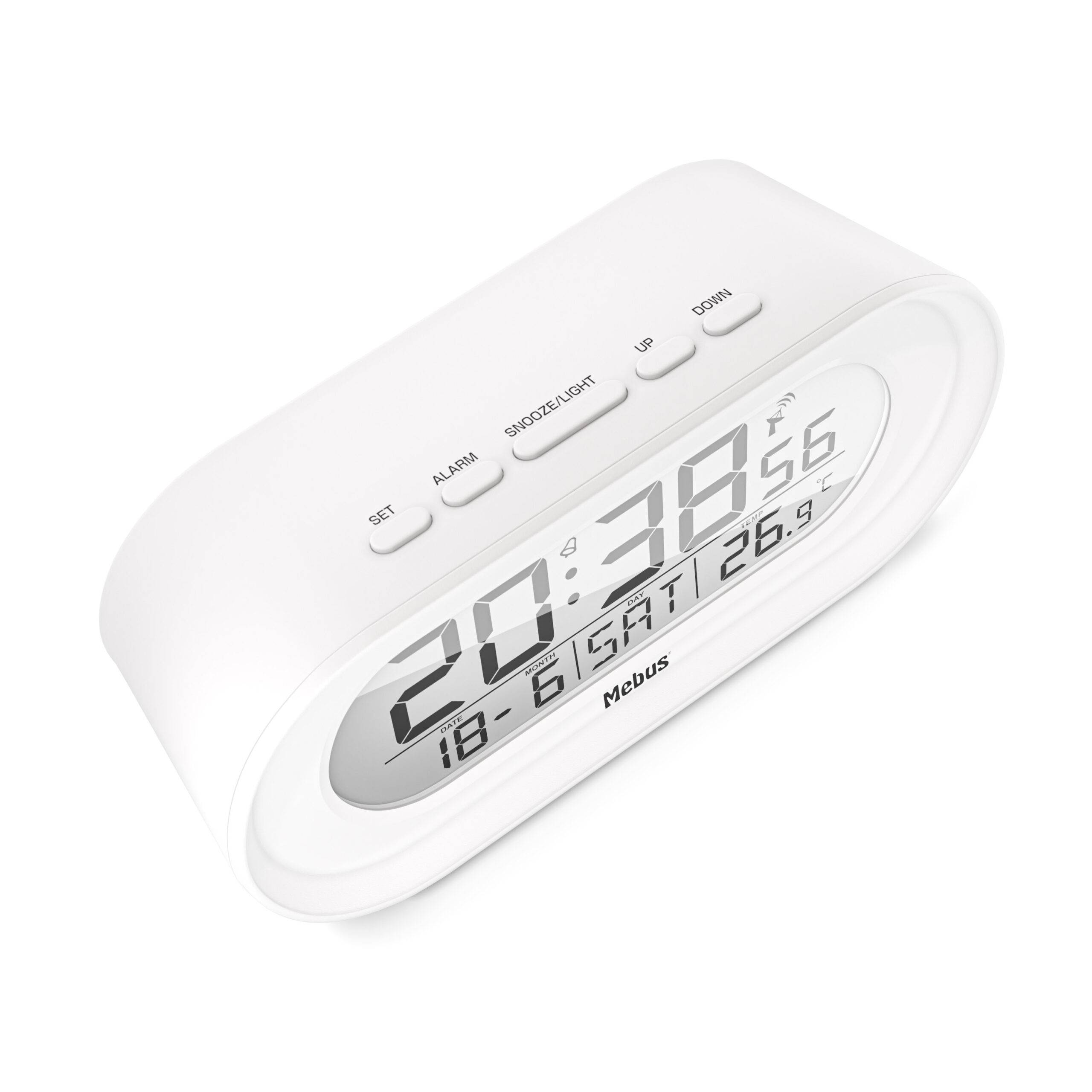 Mebus 25808, Digitaler Wecker, Oval, Weiß, F, °C, Blau, Akku