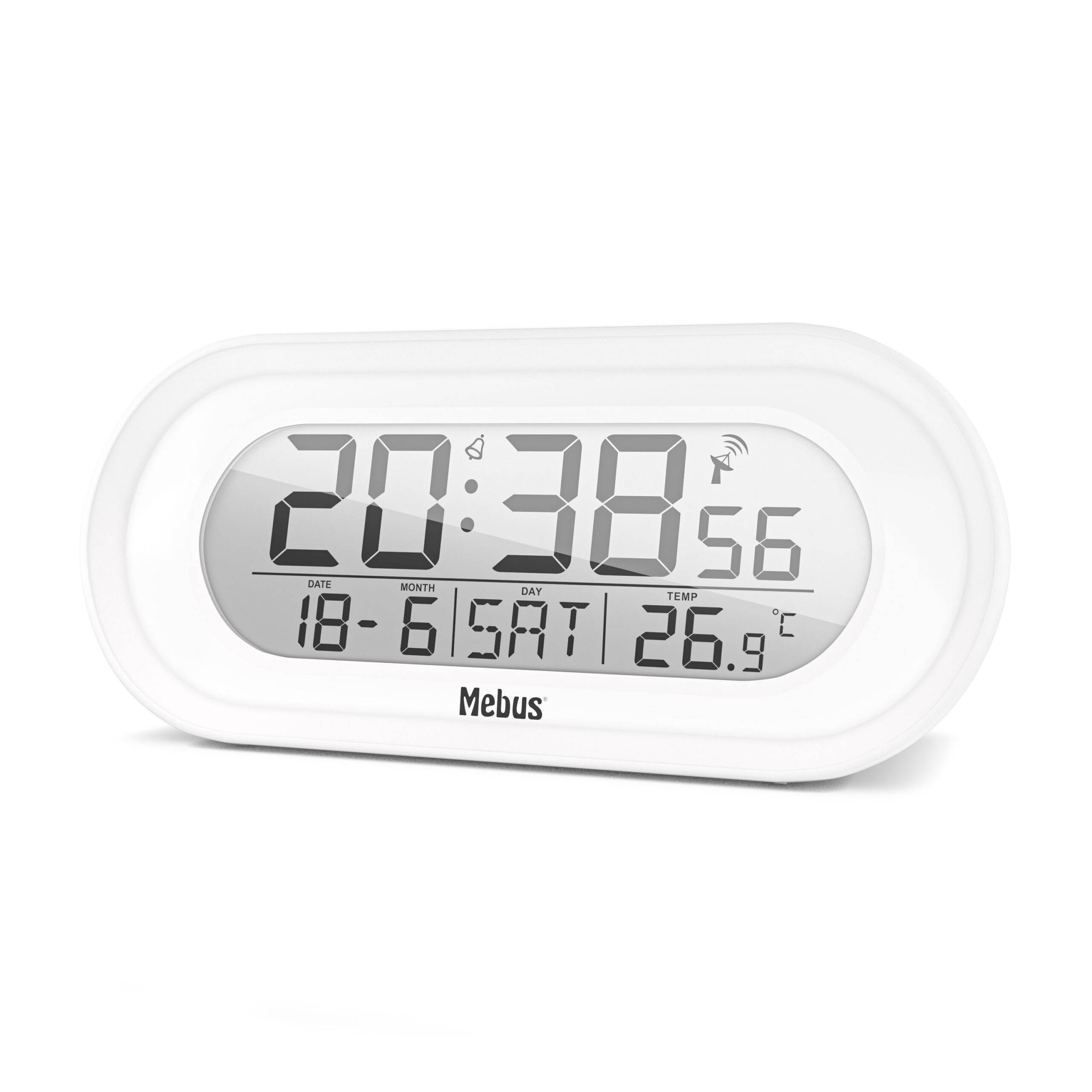 Mebus 25808, Digitaler Wecker, Oval, Weiß, F, °C, Blau, Akku
