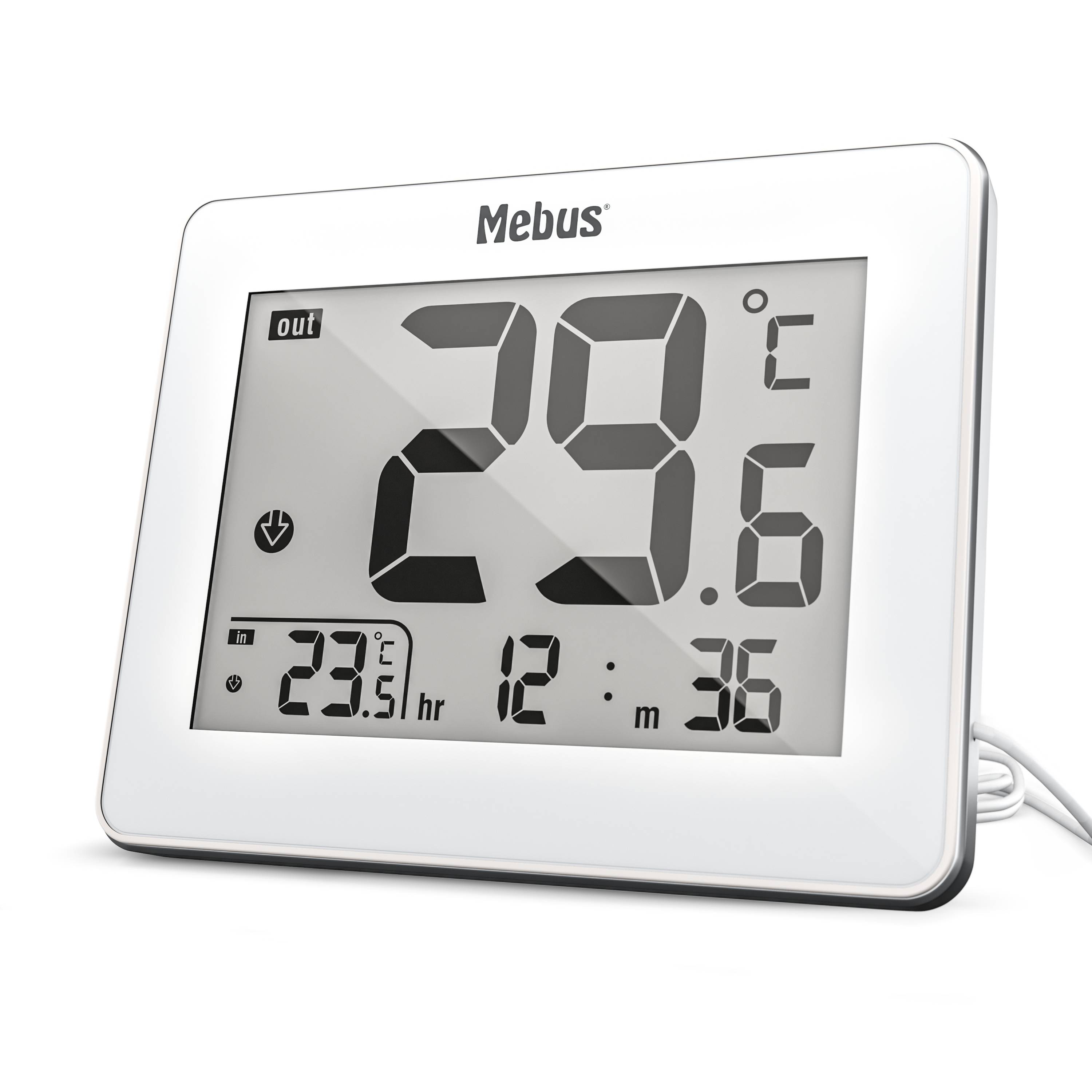 Mebus 01074, Elektronisches Umgebungsthermometer, Indoor/Outdoor, Digital, Weiß, Rechteckig, F, °C