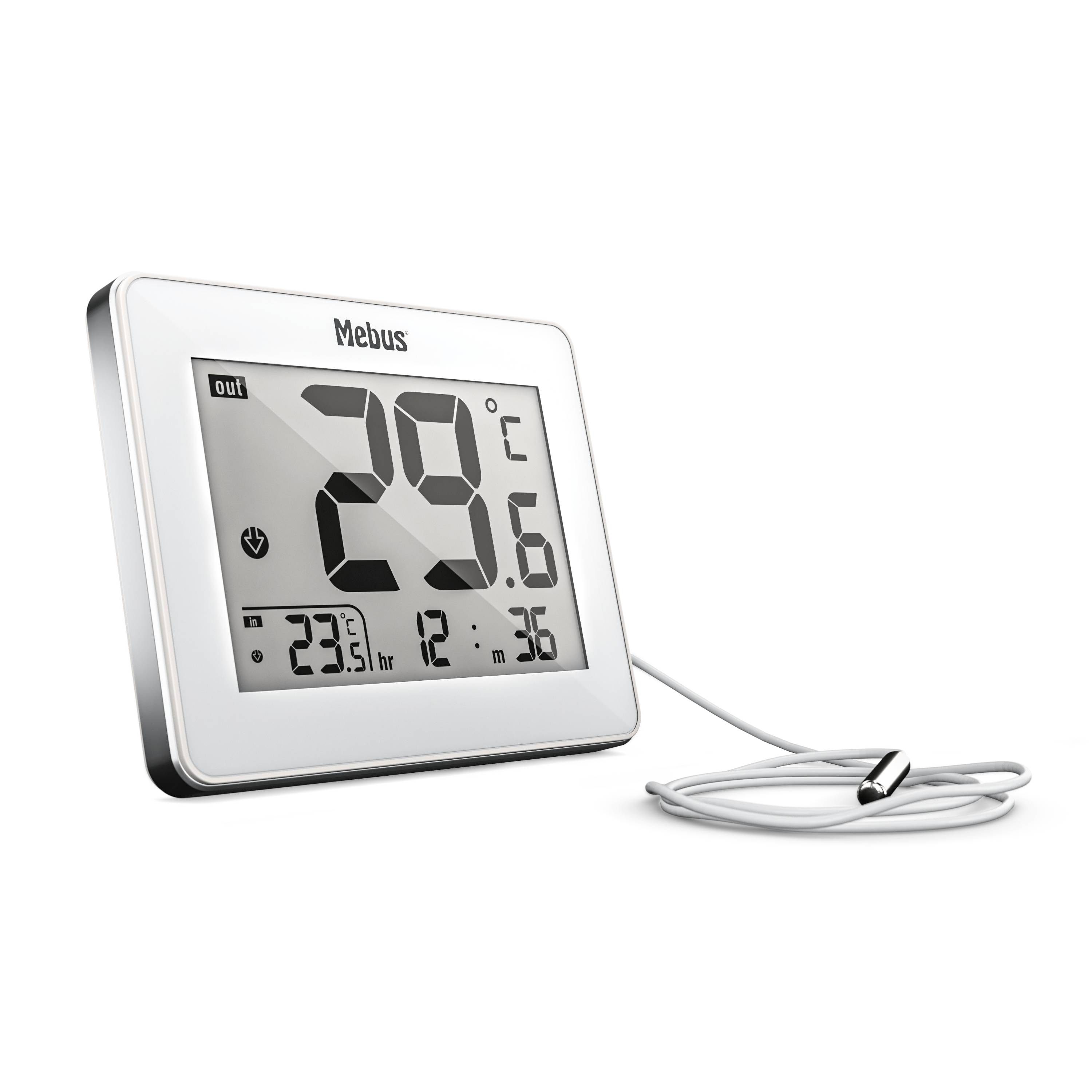 Mebus 01074, Elektronisches Umgebungsthermometer, Indoor/Outdoor, Digital, Weiß, Rechteckig, F, °C