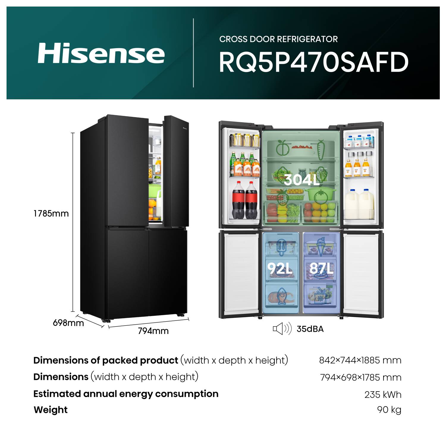 Hisense Cross Door RQ5P470SAFD ?R, 483 l, SN-N, 8 kg/24h, D, Fresh Zone Fach, Schwarz, Edelstahl