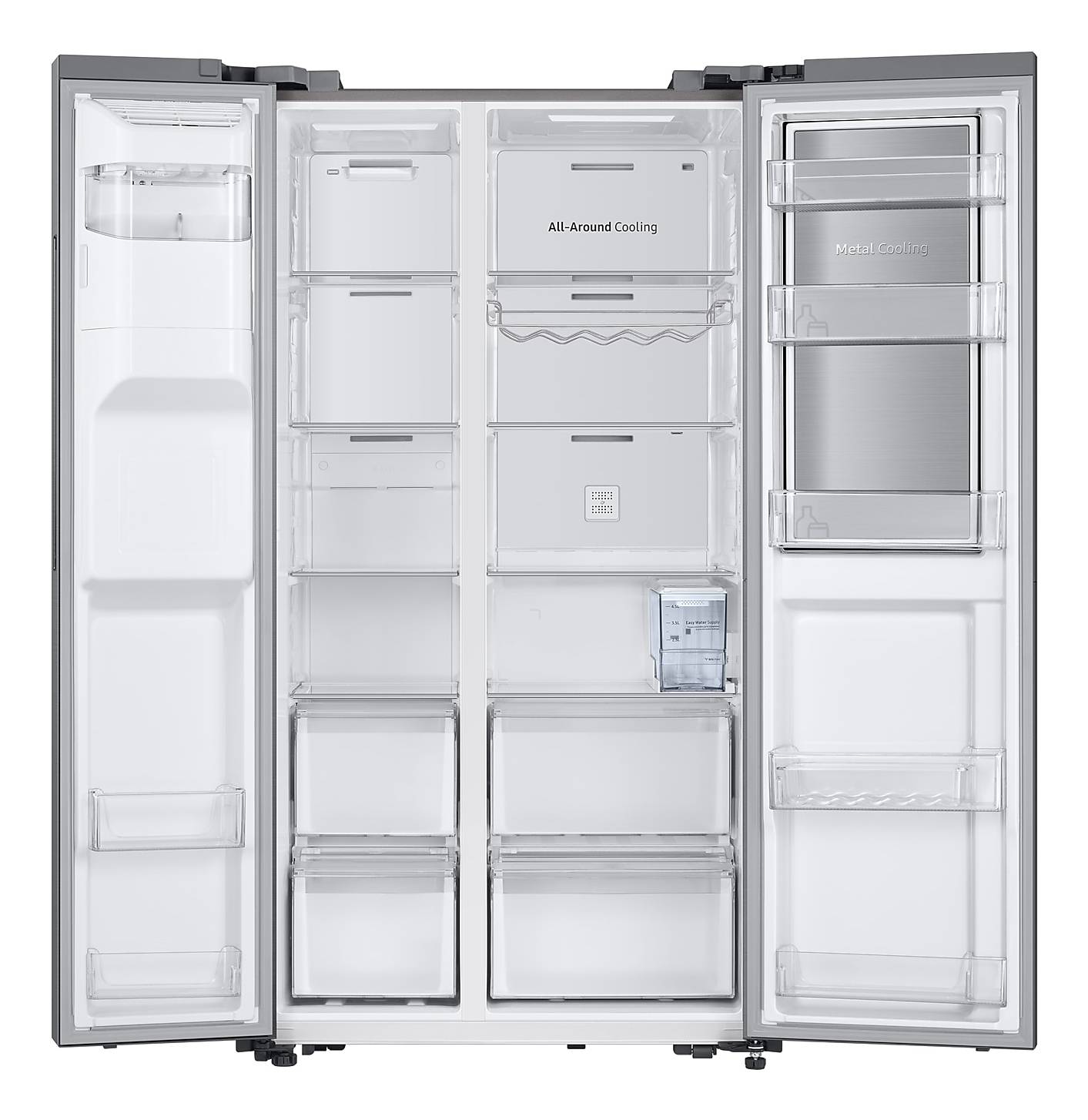 Side-by-side with food showcase door and water tank, 628 , free-standing, stainless steel