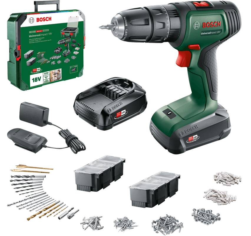 Bosch Akku-Schlagbohrmaschine UniversalImpact 18 V, incl. 2x Akku 1,5 Ah, Ladegerät, SystemBox, Zubehör, Karton