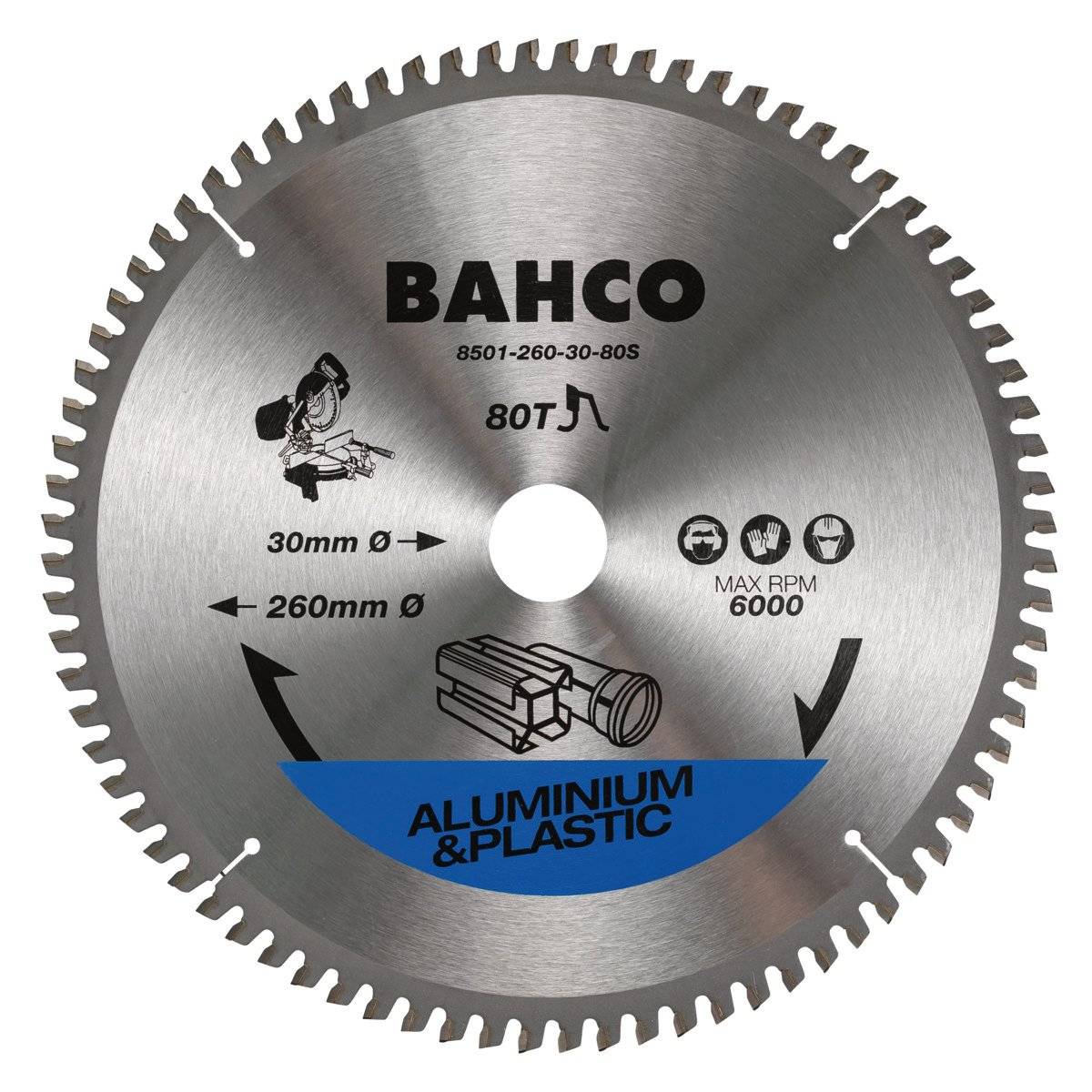 Bahco Kreissägeblatt, 260 mm, 80 Zähne, 30 mm Innen-Ø, für Alu und Kunststoff, für Gehrungssägen