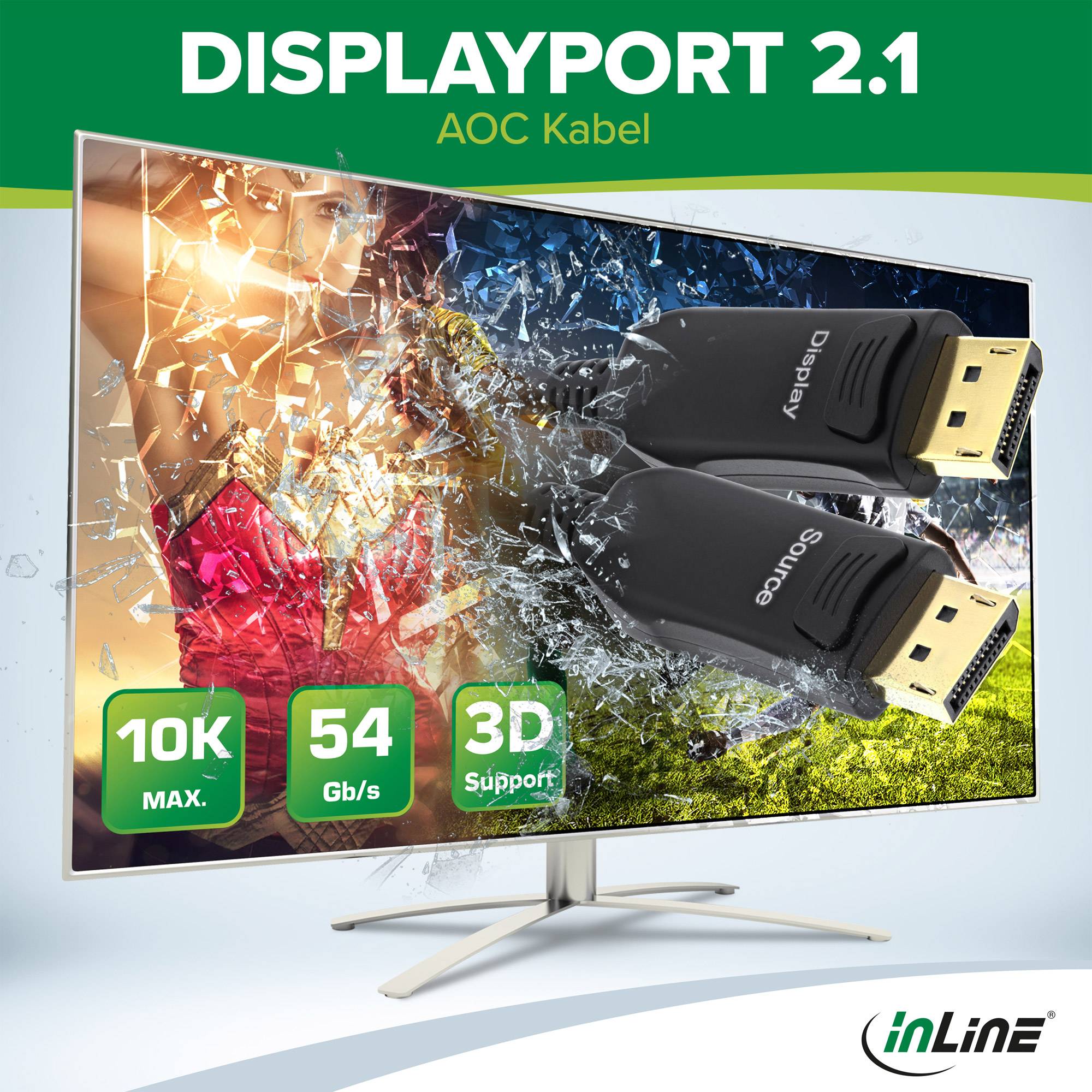 InLine® DisplayPort 2.1 AOC Kabel, UHBR 13.5, optisch, aktiv, schwarz, 10m Kabel