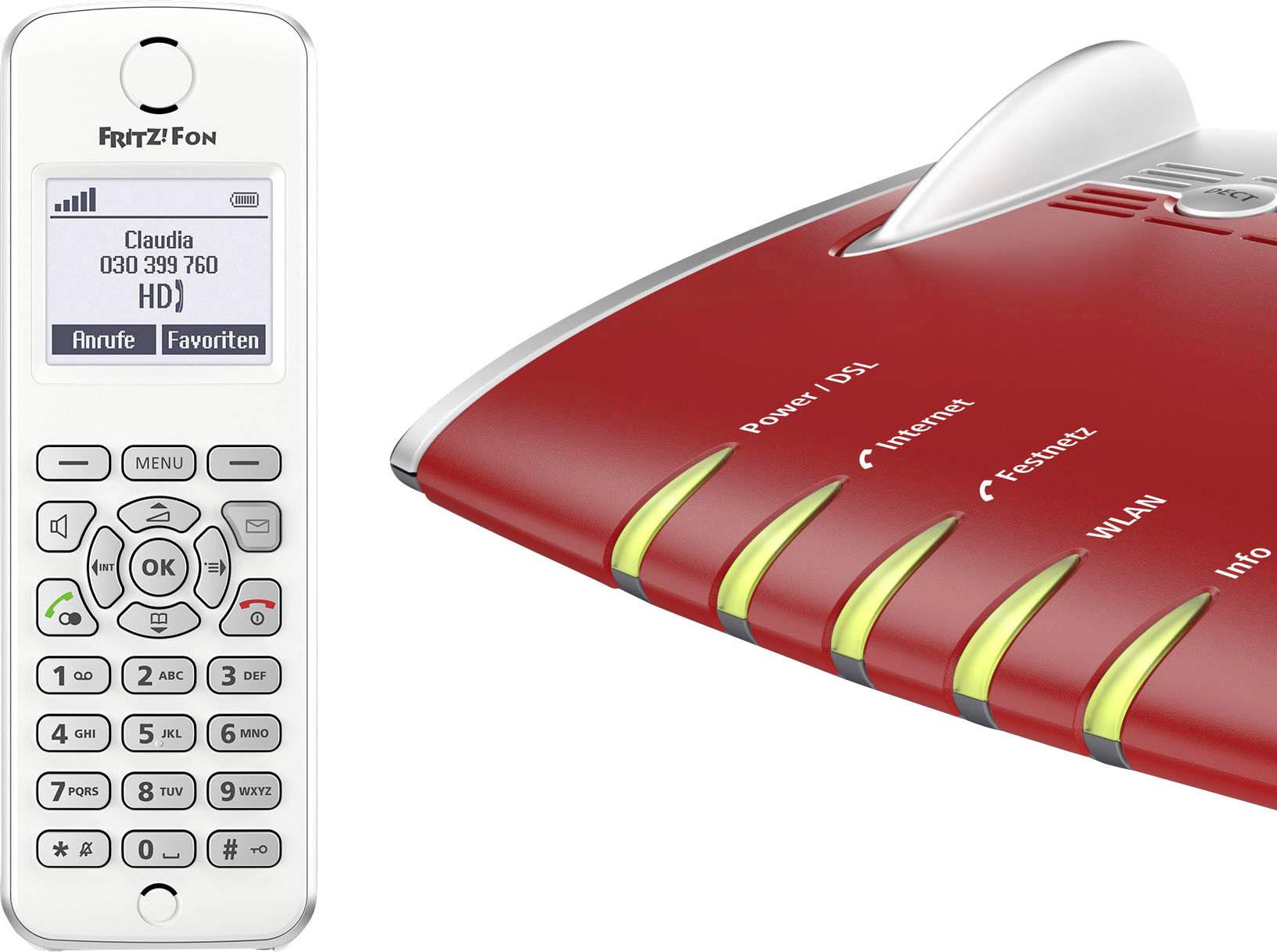 Ein weißes Schnurlostelefon und ein roter Router mit leuchtenden LED-Anzeigen für Power/DSL, Internet, Festnetz, WLAN und Info.