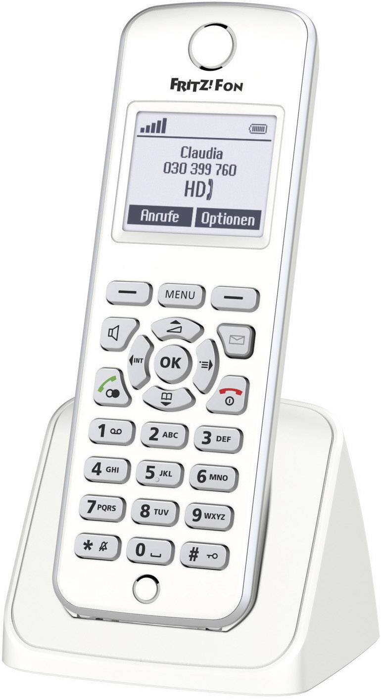 Schnurloses Telefon auf Ladestation mit Displayanzeige: 'Claudia, 030 399 760'. Tasten zur Bedienung und Auswahl von Anrufen und Optionen.