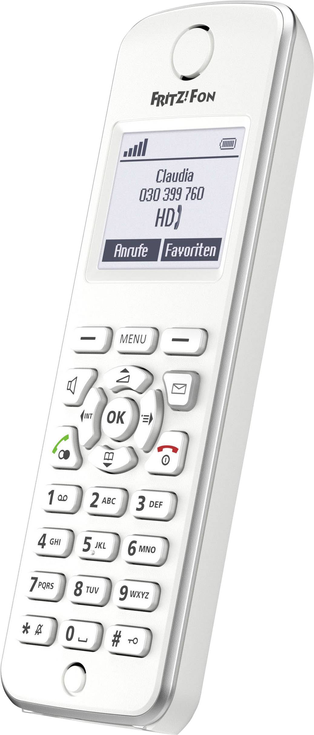 Ein weißes schnurloses Telefon mit Displayanzeige. Auf dem Display steht 'Claudia 030 399 760' und 'Anrufe Favoriten'.