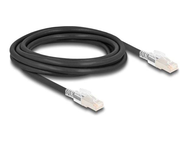 Delock Patch-Kabel RJ-45 M zu M 3 m 6 mm S/FTP CAT 6a halogenfrei geformt ohne Haken with secure clips set Schwarz