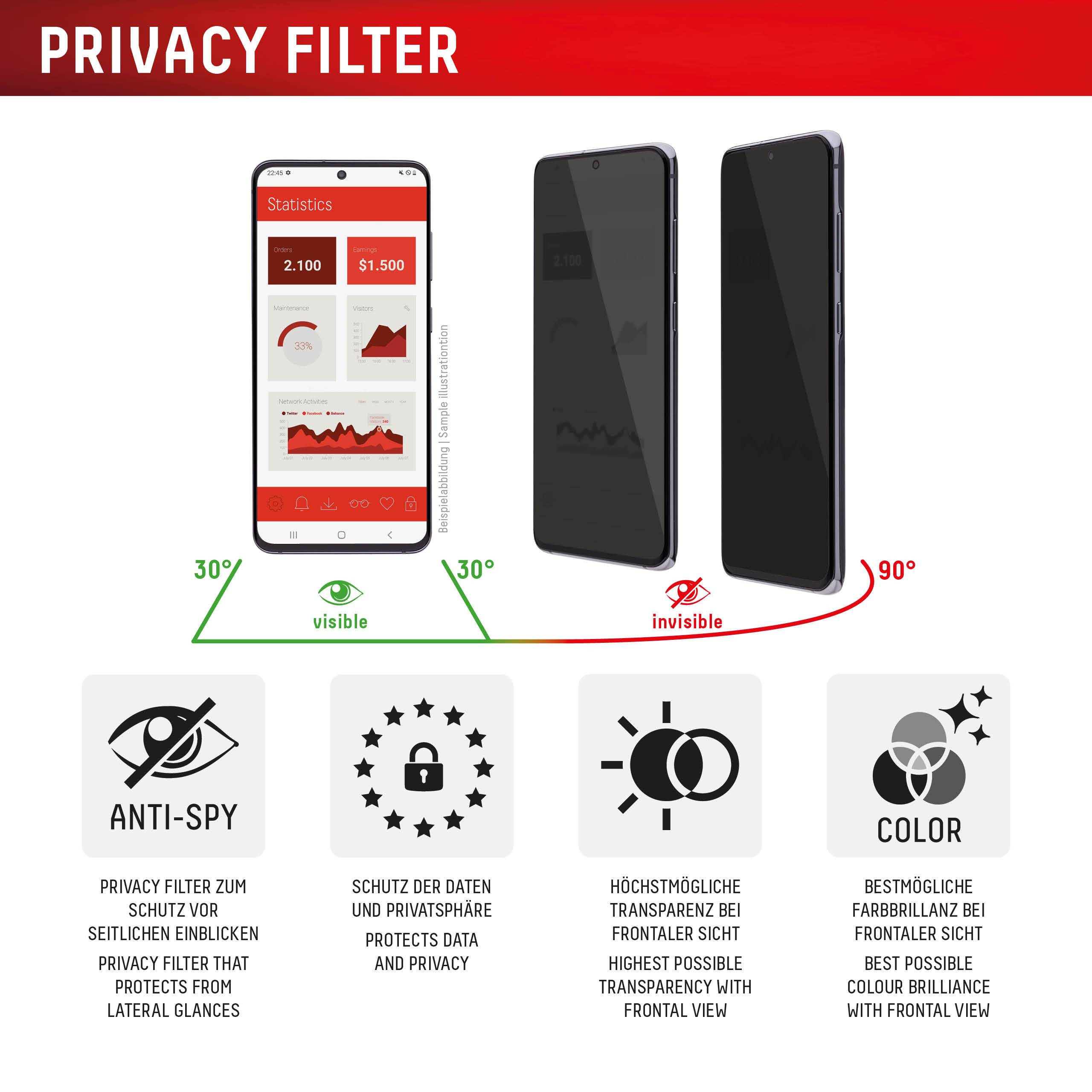 DISPLEX Privacy Full Cover Panzerglas (10H) für Samsung Galaxy