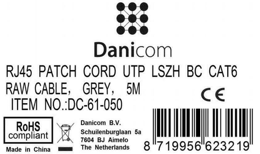 Danicom - CAT6 Netzwerkkabel, U/UTP, 2 meter, Grau, 100% Kupfer