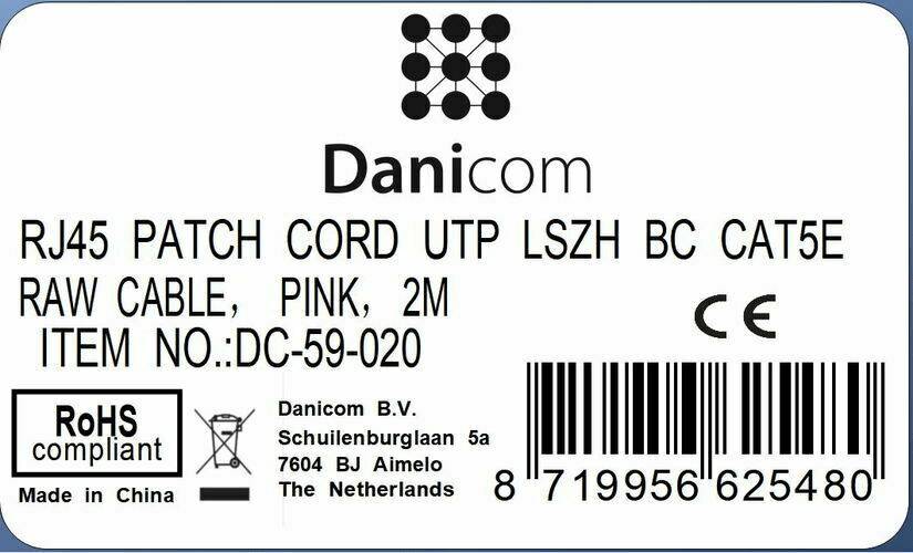 Danicom - CAT5e Netzwerkkabel, U/UTP, 2 meter, Rosa, 100% Kupfer