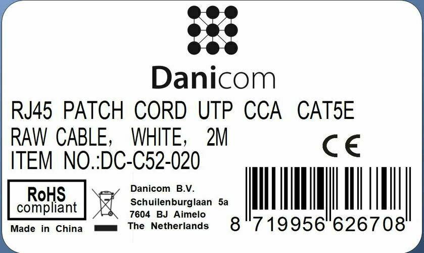 Danicom - CAT 5e Netzwerkkabel U/UTP – 2 Meter - Weiß - CCA