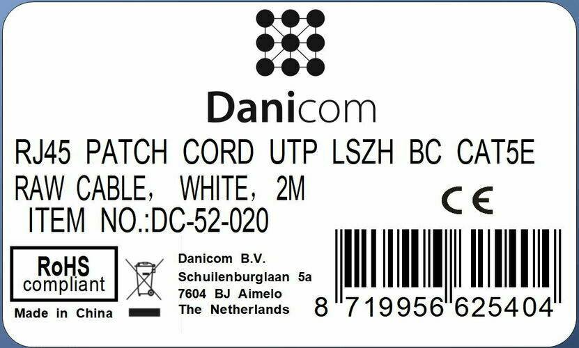 Danicom - CAT5e Netzwerkkabel, U/UTP, 2 meter, Weiß, 100% Kupfer