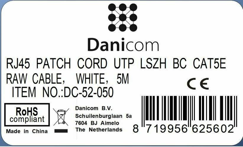Danicom - CAT5e Netzwerkkabel, U/UTP, 2 meter, Weiß, 100% Kupfer