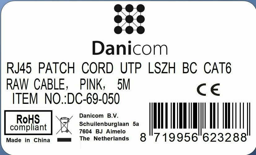 Danicom - CAT6 Netzwerkkabel, U/UTP, 2 meter, Rosa, 100% Kupfer