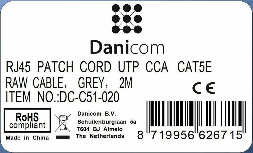 Danicom - CAT 5e Netzwerkkabel U/UTP – 2 Meter - Grau - CCA