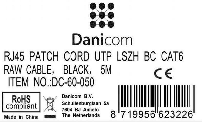 Danicom - CAT6 Netzwerkkabel, U/UTP, 5 meter, Schwarz, 100% Kupfer