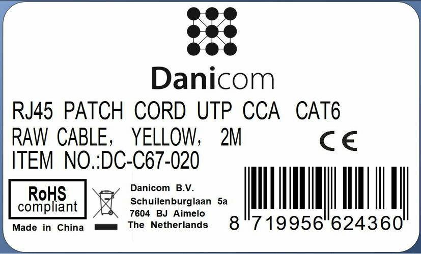 Danicom - CAT 6 Netzwerkkabel U/UTP - 2 Meter - Gelb - CCA