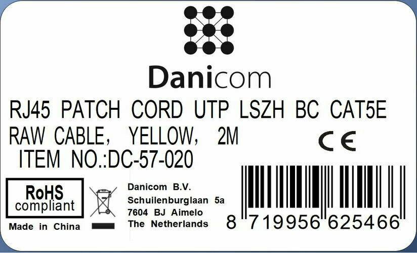 Danicom - CAT5e Netzwerkkabel, U/UTP, 2 meter, Gelb, 100% Kupfer