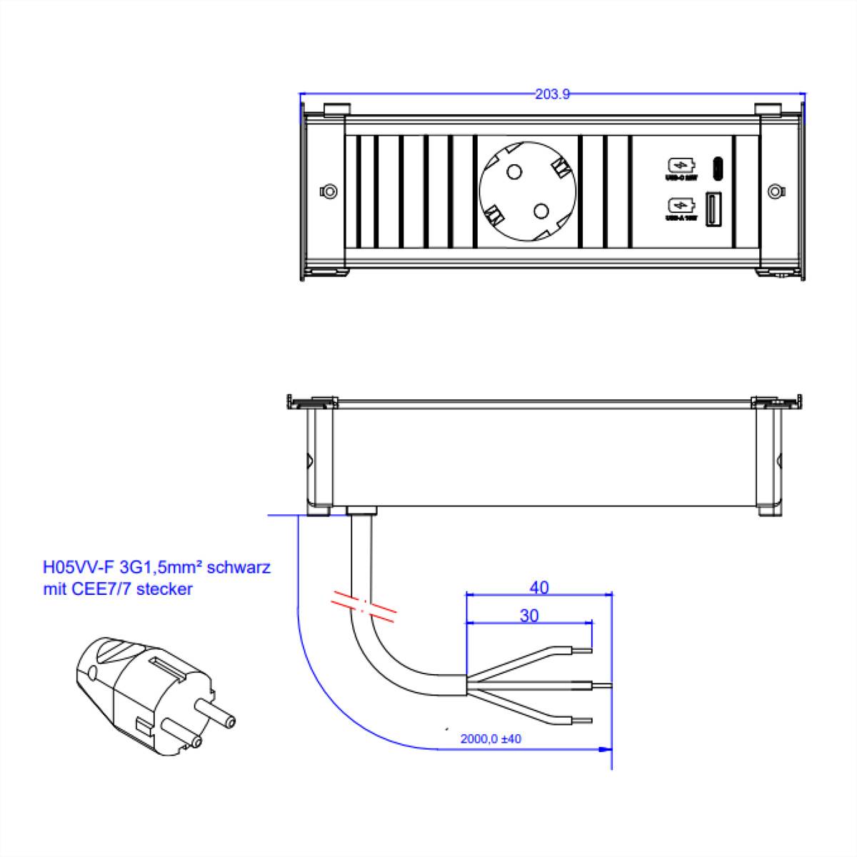 Bachmann KAPSA - Steckdosenleiste - Eingabe, Eingang Typ F - Ausgangsanschlüsse: 3 (Typ F, 24 pin USB-C, USB)