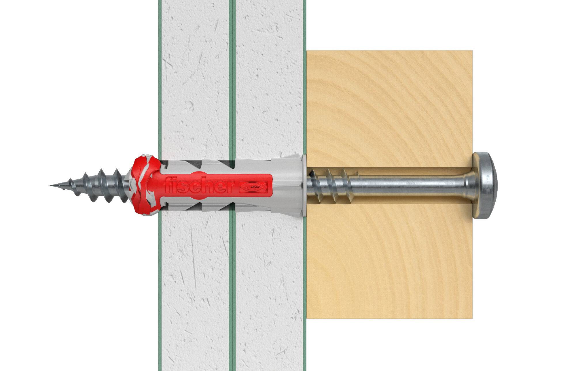FISCHER - DuoPower - Dübel - Mauerziegel - Beton - Schaumbeton - Gipsfaserplatten - Gipskarton - Grau - Rot - 6 mm - 30