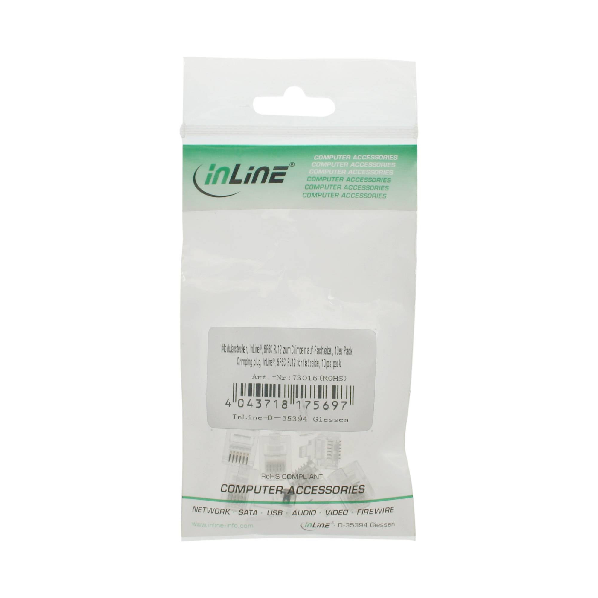 InLine® Modularstecker, 6P6C RJ12 zum Crimpen auf Flachkabel, 10er Pack