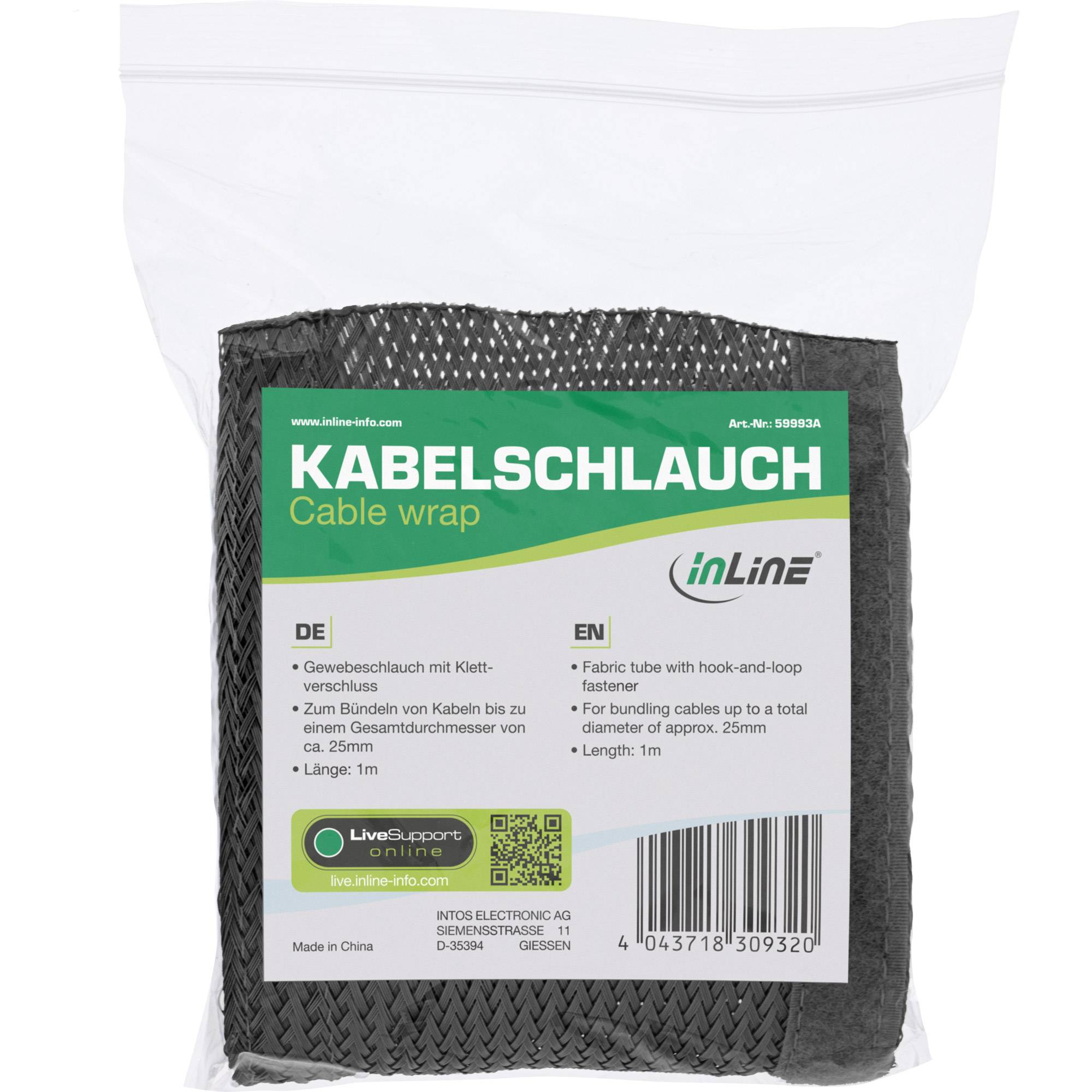 INLINE - Kabelschlauch - Gewebeschlauch mit Klettverschluss - 1m x 25mm schwarz
