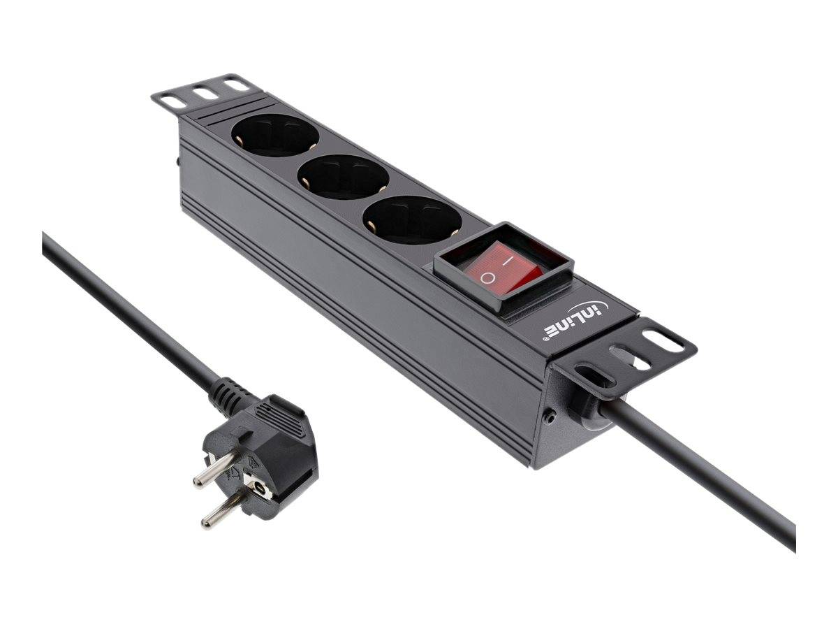 InLine® 10" Steckdosenleiste, 3-fach Schutzkontakt, mit Schalter, 2m, schwarz