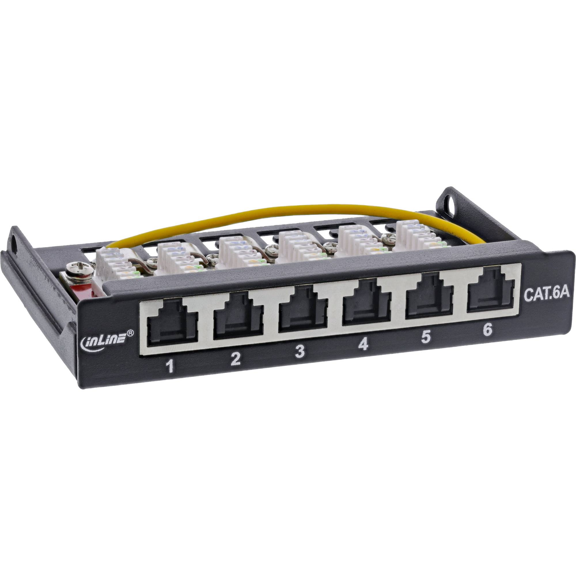 InLine® Patchfeld Cat.6A 0,5HE 6-fach, Tisch/Wand/Hutschiene schwarz Staubschutz