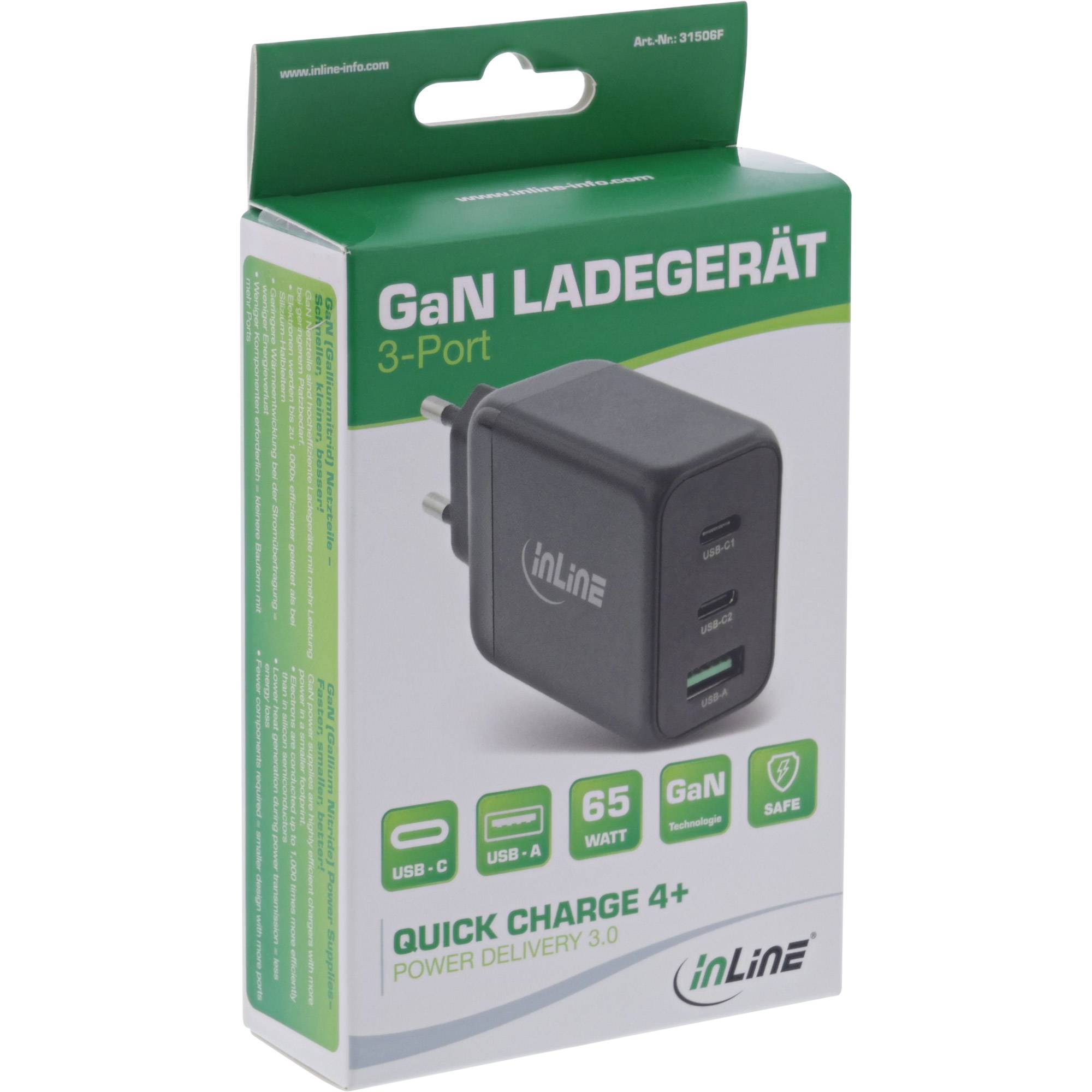INLINE - USB PD Netzteil - GaN Ladegerät - 3-Port - Dual USB-C + USB-A - 65W - schwarz