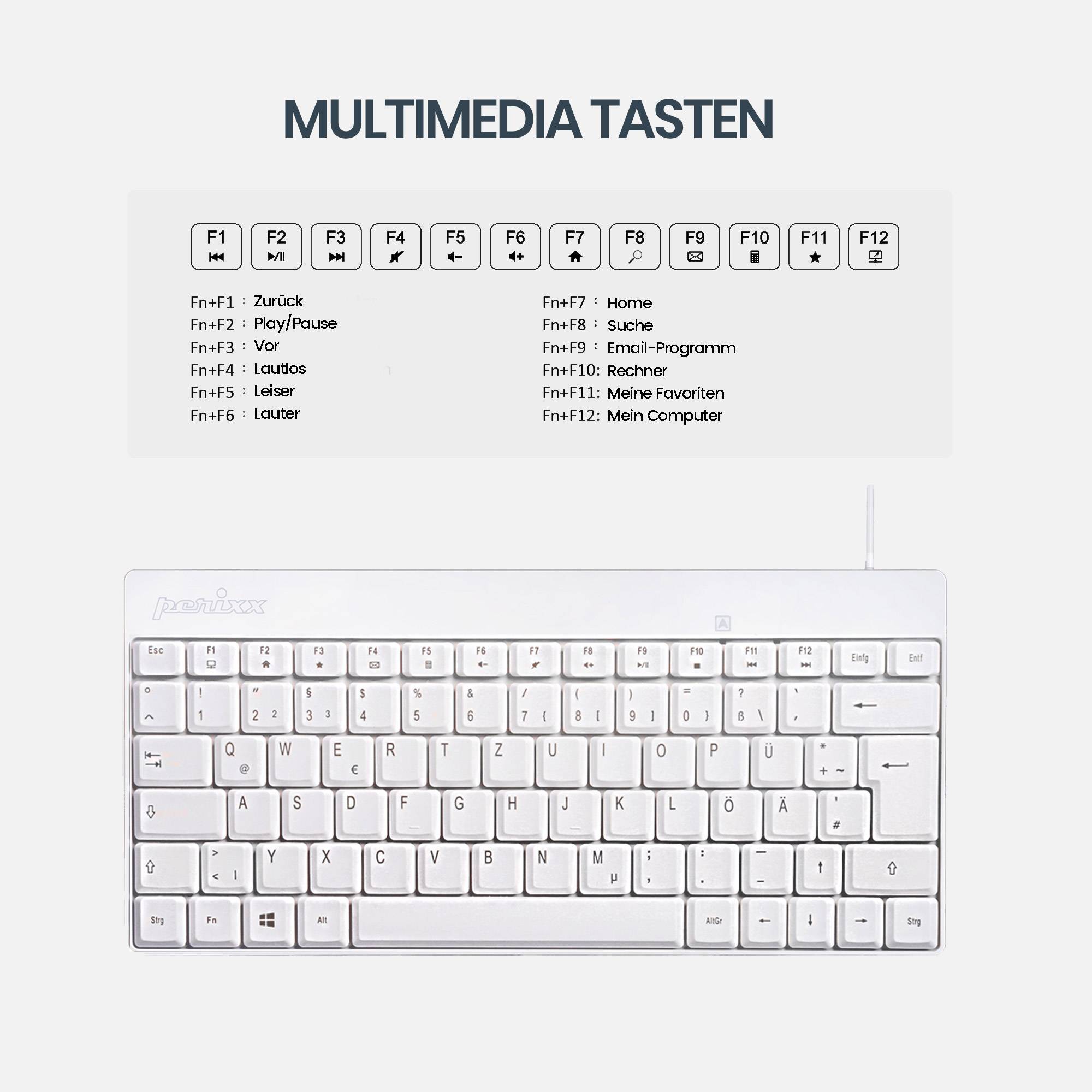 Perixx PERIDUO-212 DE, Mini USB-Tastatur und Maus Set, weiß