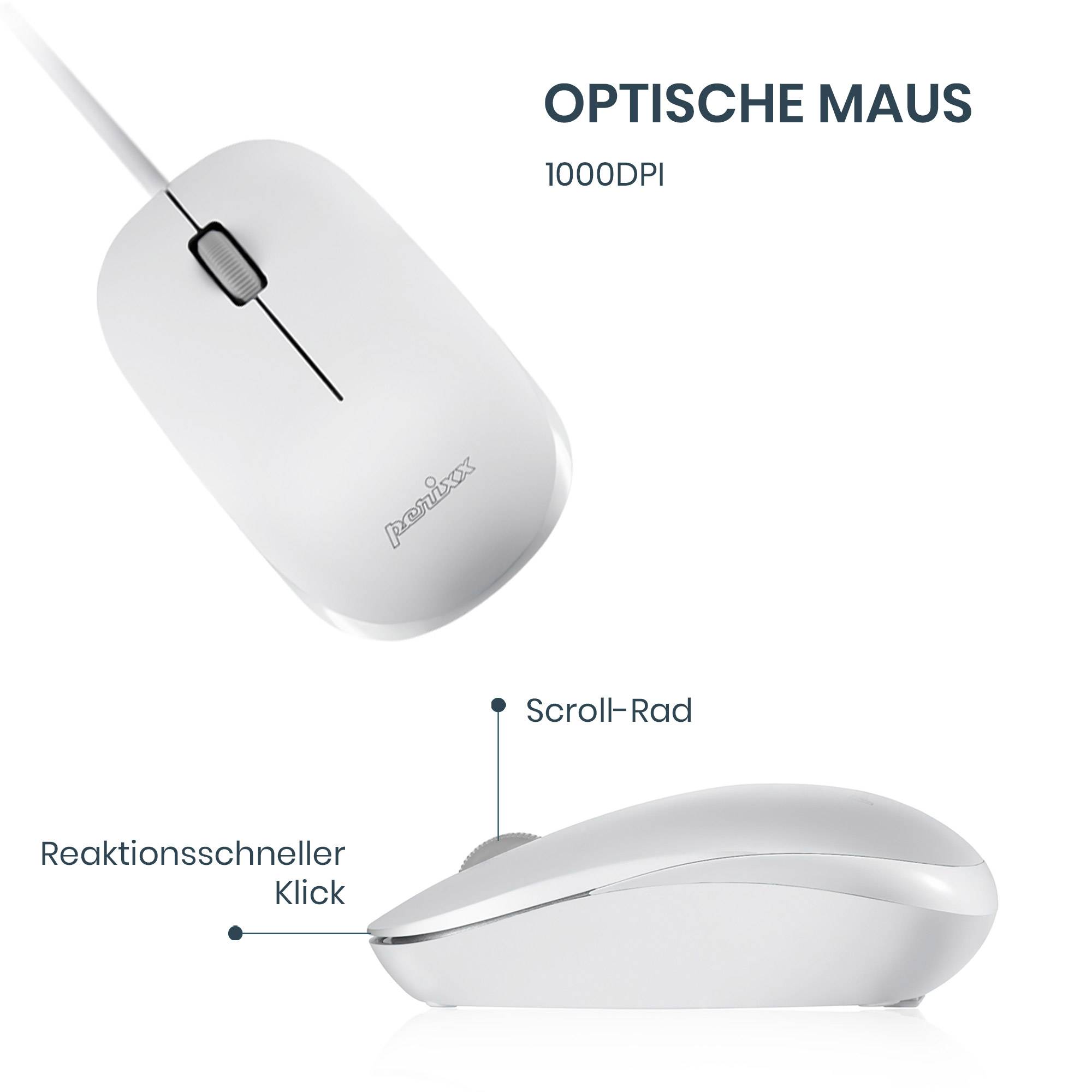 Perixx PERIDUO-212 DE, Mini USB-Tastatur und Maus Set, weiß