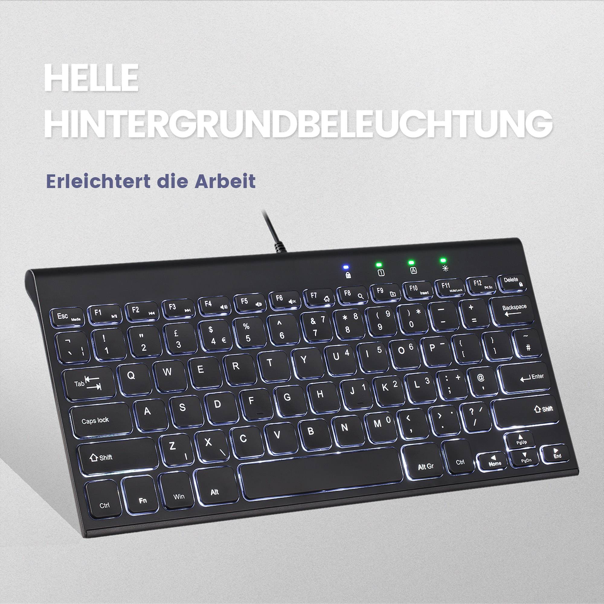 Perixx PERIBOARD-429 DE, kabelgebunden, USB Mini Tastatur mit Hintergrundbeleuch