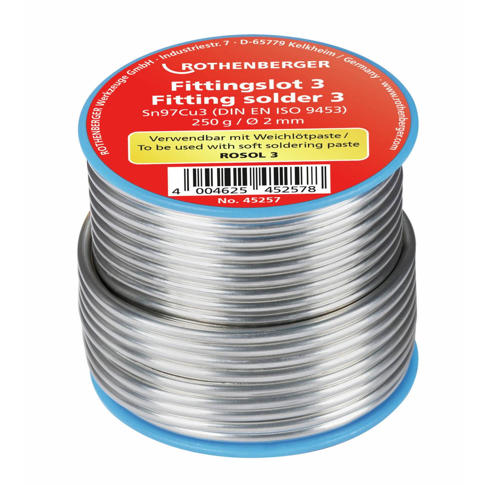 Rothenberger Fittingslot 3, Weichlot Sn97Cu3, Ø2mm, 250g Spule, für Kupfer und Messing, 1 Stk.