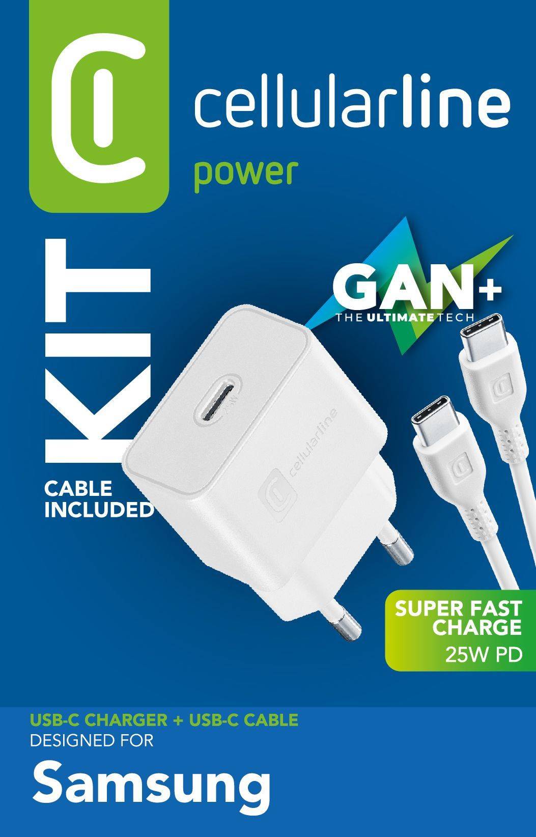 Cellularline Super Fast Charger Kit 25W - USB-C to USB-C - Samsung, Drinnen, AC, 1 m, Weiß