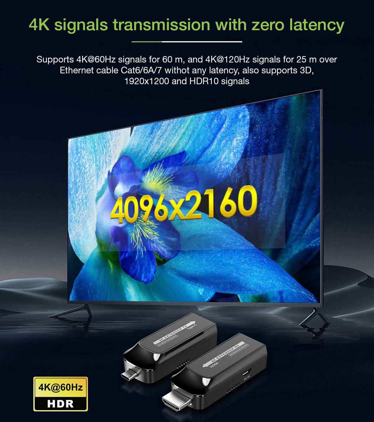 Techly USB-C auf HDMI 4k 120Hz Extender, über Cat.6/6A/7-Kabel 60m Multimedia Extender