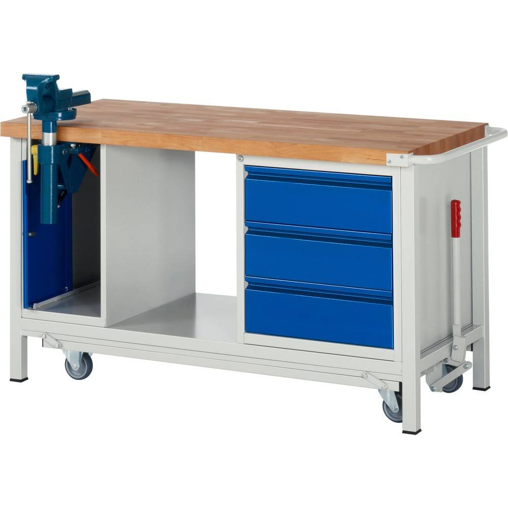 Absenkbare Werkbank - Modell 8183 BASIC, BxTxH 1500x700x880 mm, Buche-Massiv Arbeitsplatte 40 mm, 3 Schubladen mit A