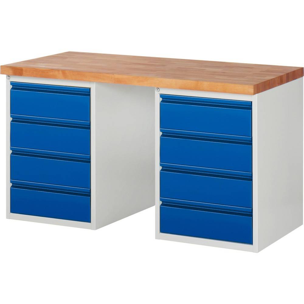 Werkbank - Modell 7509 BASIC, BxTxH 1500x700x890 mm, Buche-Massiv Arbeitsplatte 40 mm, 8 Schubladen mit Auszug 90 %