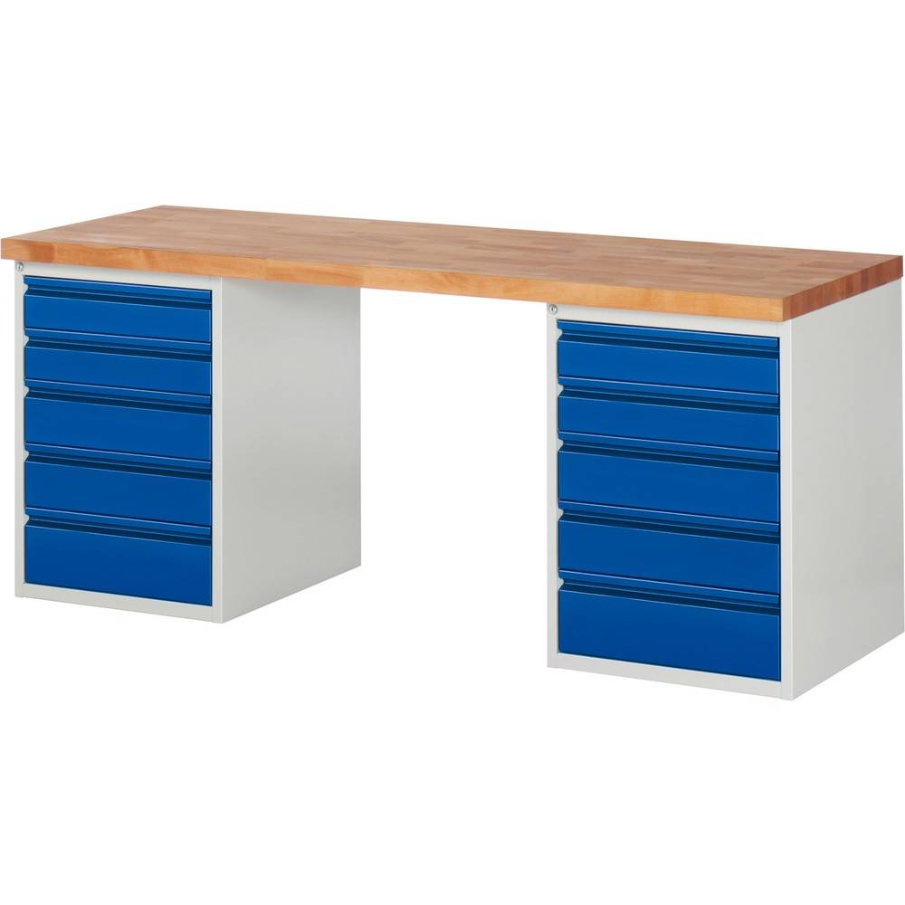 Werkbank - Modell 7513 BASIC, BxTxH 2000x700x890 mm, Buche-Massiv Arbeitsplatte 40 mm, 10 Schubladen mit Auszug 90 %