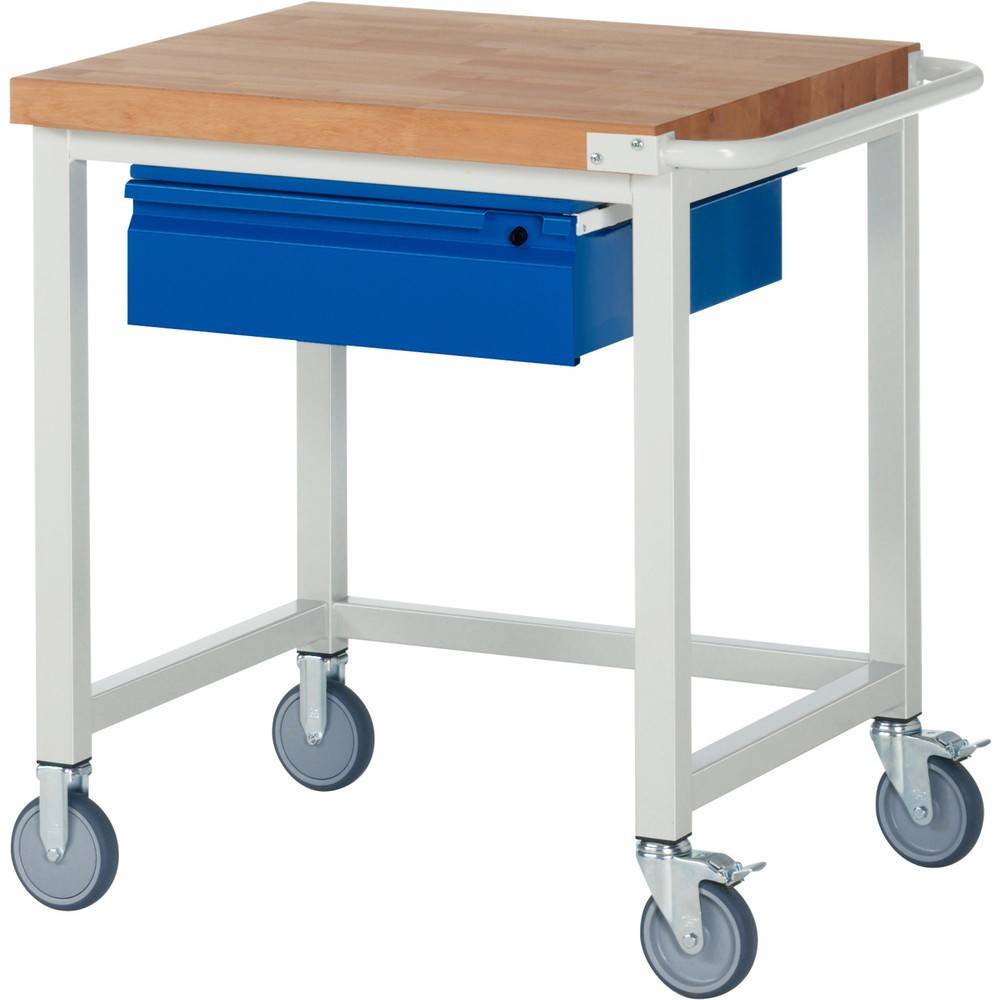 Fahrbare Werkbank - Modell 8001 BASIC, BxTxH 750x700x880 mm, Buche-Massiv Arbeitsplatte 40 mm, 1 Schublade mit Auszu
