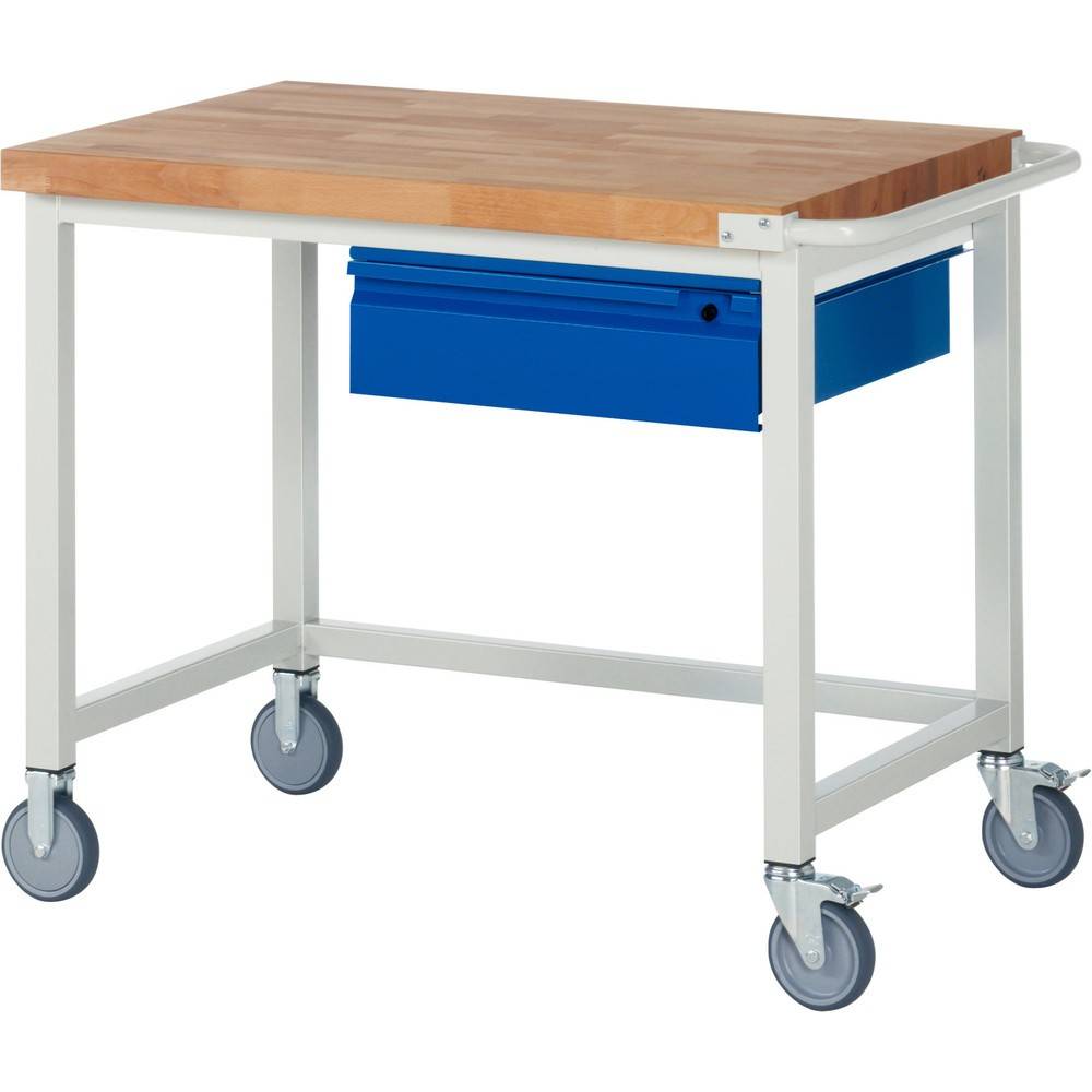 Fahrbare Werkbank - Modell 8001 BASIC, BxTxH 1000x700x880 mm, Buche-Massiv Arbeitsplatte 40 mm, 1 Schublade mit Ausz