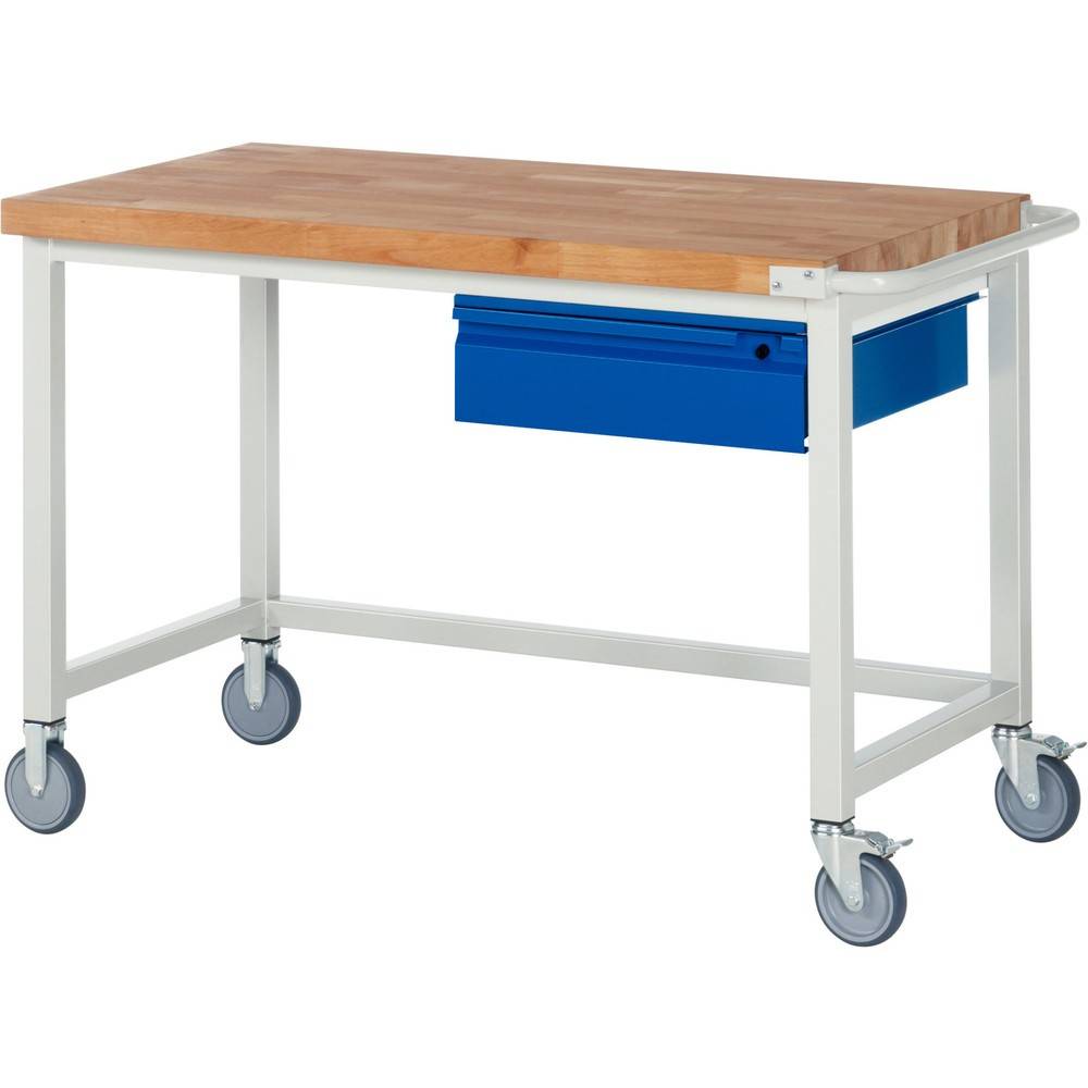 Fahrbare Werkbank - Modell 8001 BASIC, BxTxH 1250x700x880 mm, Buche-Massiv Arbeitsplatte 40 mm, 1 Schublade mit Ausz