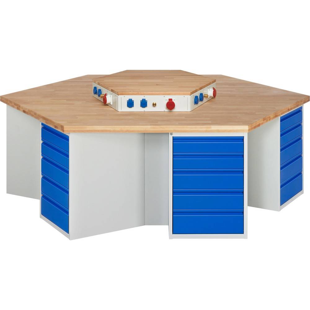 Gruppenwerkbank - Modell 497 BASIC, BxTxH 2700x2340x890 mm, Buche-Massiv Arbeitsplatte 40 mm, 30 Schubladen mit Ausz