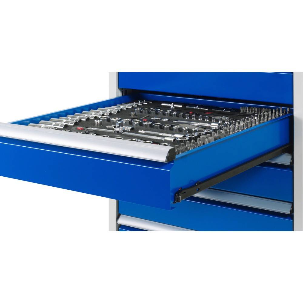 Absenkbare Werkbank - Modell 8183 BASIC, BxTxH 1500x700x880 mm, Buche-Massiv Arbeitsplatte 40 mm, 3 Schubladen mit A