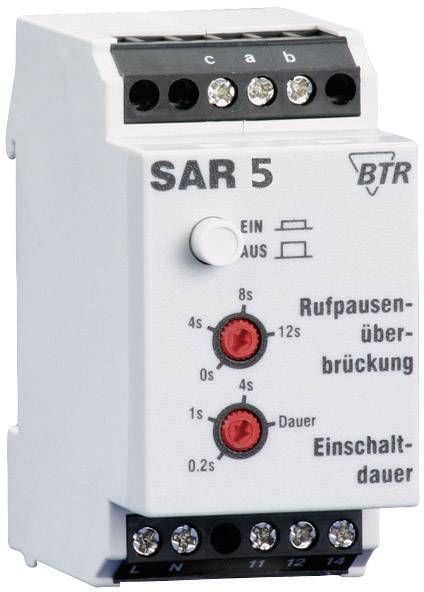 Ein weißes Schaltrelais SAR 5 mit zwei roten Einstellknöpfen zur Steuerung der Einschalt- und Überbrückungsdauer. Anschlüsse oben und unten.