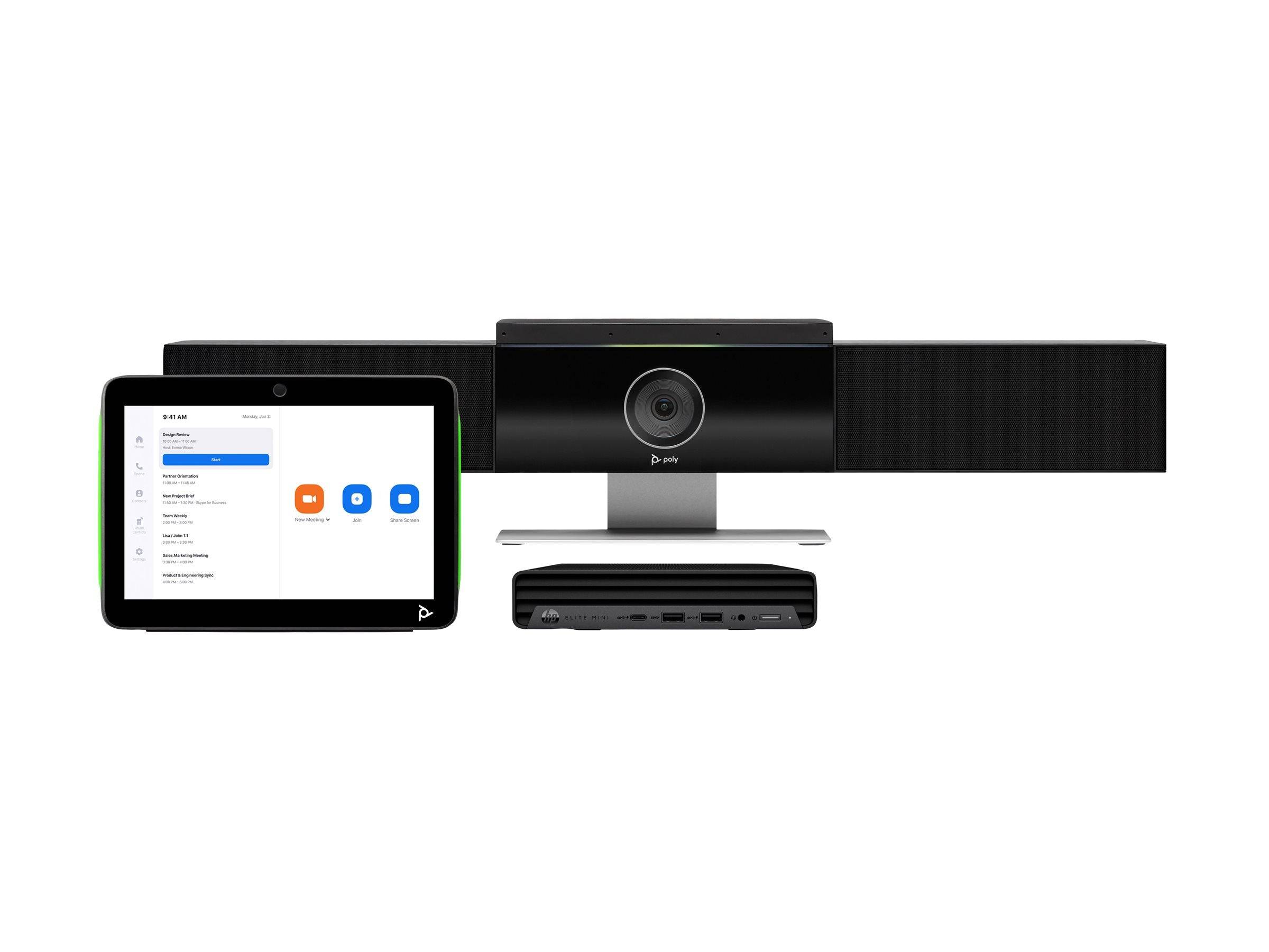 Studio Zoom-Rooms-Bundle für mittelgroße Räume: Studio-USB-Videobar und HP PC mit TC10